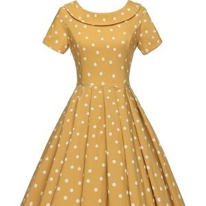 Gown Town 50’s style swing dress in mustard yellow.